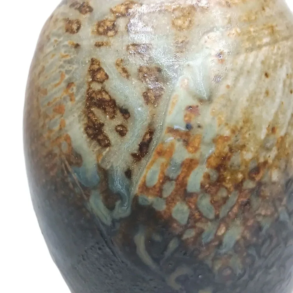 Studio Art Pottery Vase Stoneware Glazed Bud Vase Grey Brown Rust  4” X 2.5